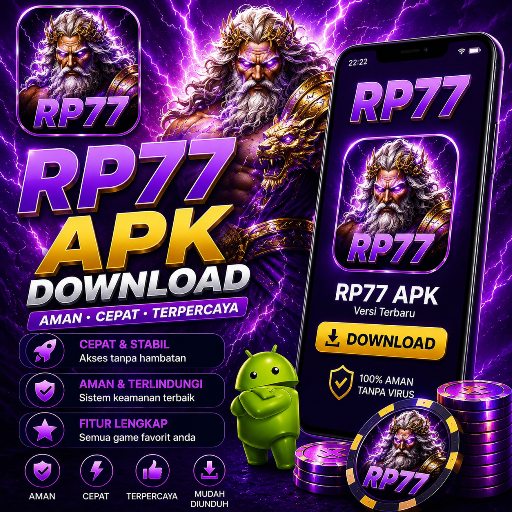 Poster RP77 APK dengan tema ungu modern, menampilkan halaman unduh aplikasi, desain responsif, proses download cepat, fitur keamanan, dan kompatibilitas untuk perangkat Android.
