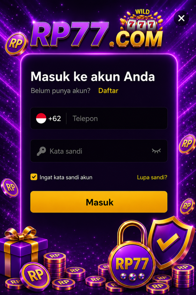 Banner halaman login RP77 dengan tema ungu modern yang menampilkan formulir masuk, sistem keamanan akun, desain antarmuka responsif, serta pengalaman akses yang cepat, aman, dan nyaman di berbagai perangkat.