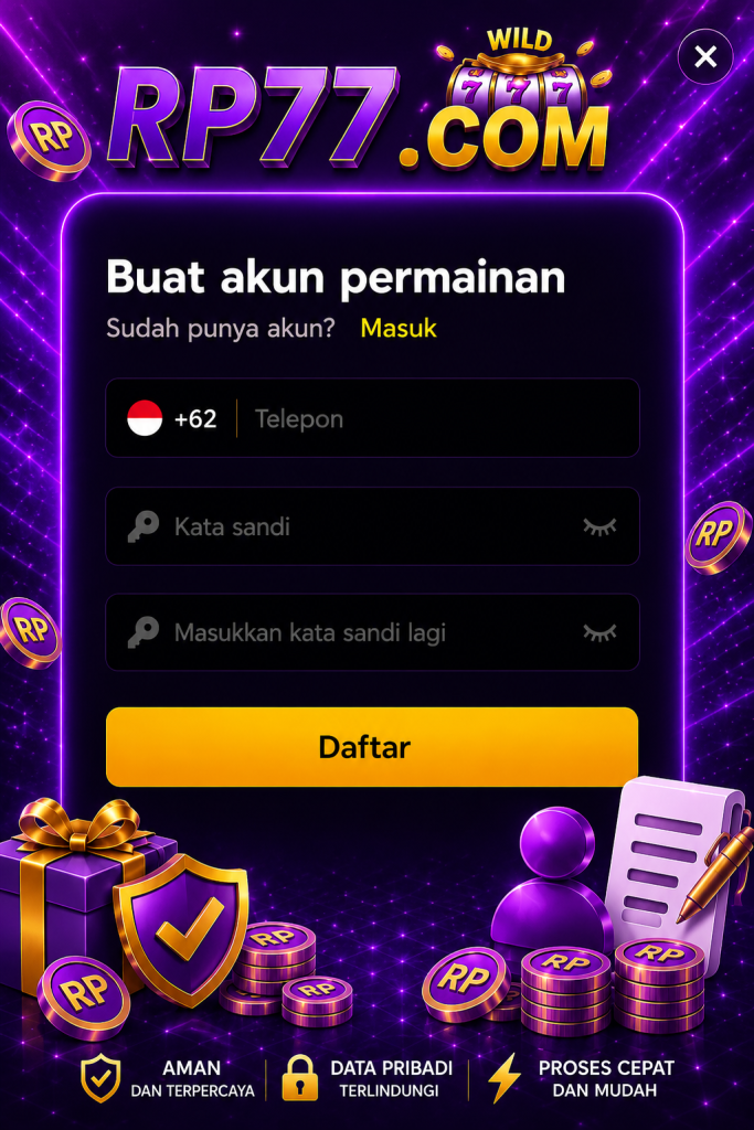 Halaman pendaftaran akun RP77 dengan tema ungu modern, formulir registrasi yang aman, desain responsif, proses daftar cepat, serta tampilan platform digital yang mudah digunakan.