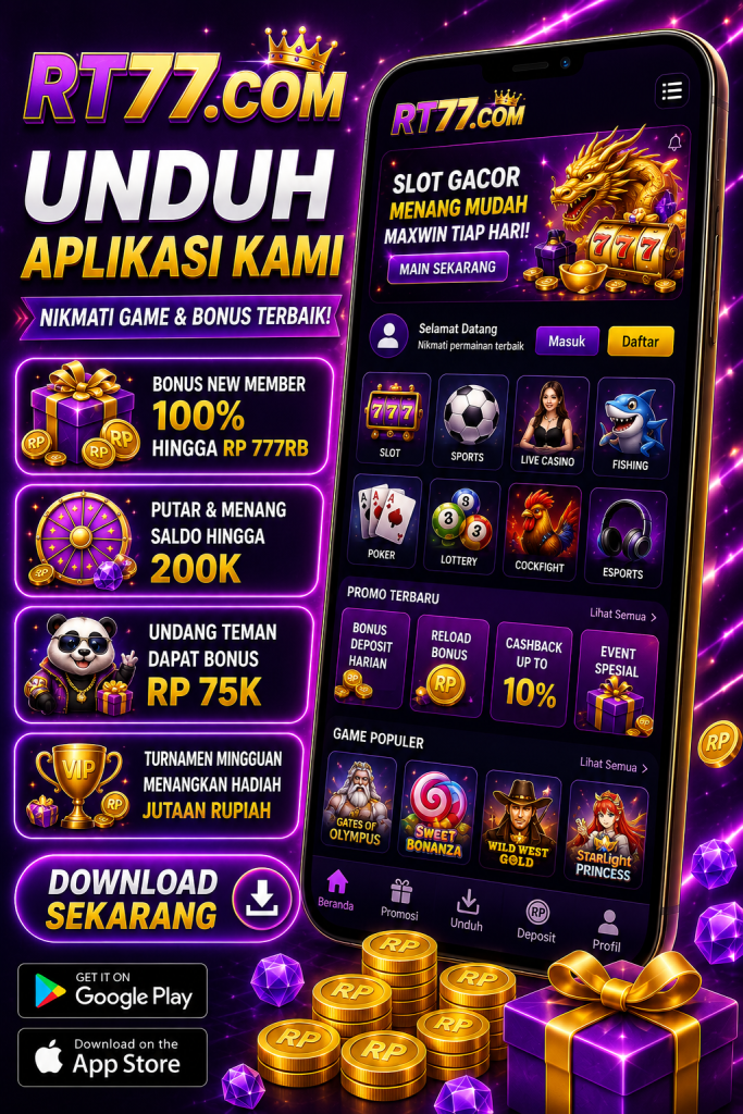 Banner RT77.com untuk unduh aplikasi dengan tema ungu modern, menampilkan bonus anggota baru, hadiah harian, event eksklusif, proses unduh cepat, aman, serta kompatibel dengan perangkat Android dan iOS.