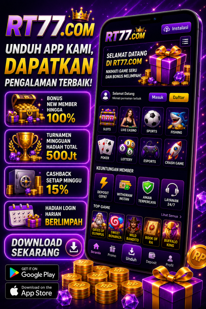 Banner RT77.com bertema ungu dengan tampilan aplikasi modern, menampilkan bonus anggota baru, turnamen mingguan, cashback, hadiah login harian, serta antarmuka yang cepat, aman, dan mudah digunakan di berbagai perangkat.