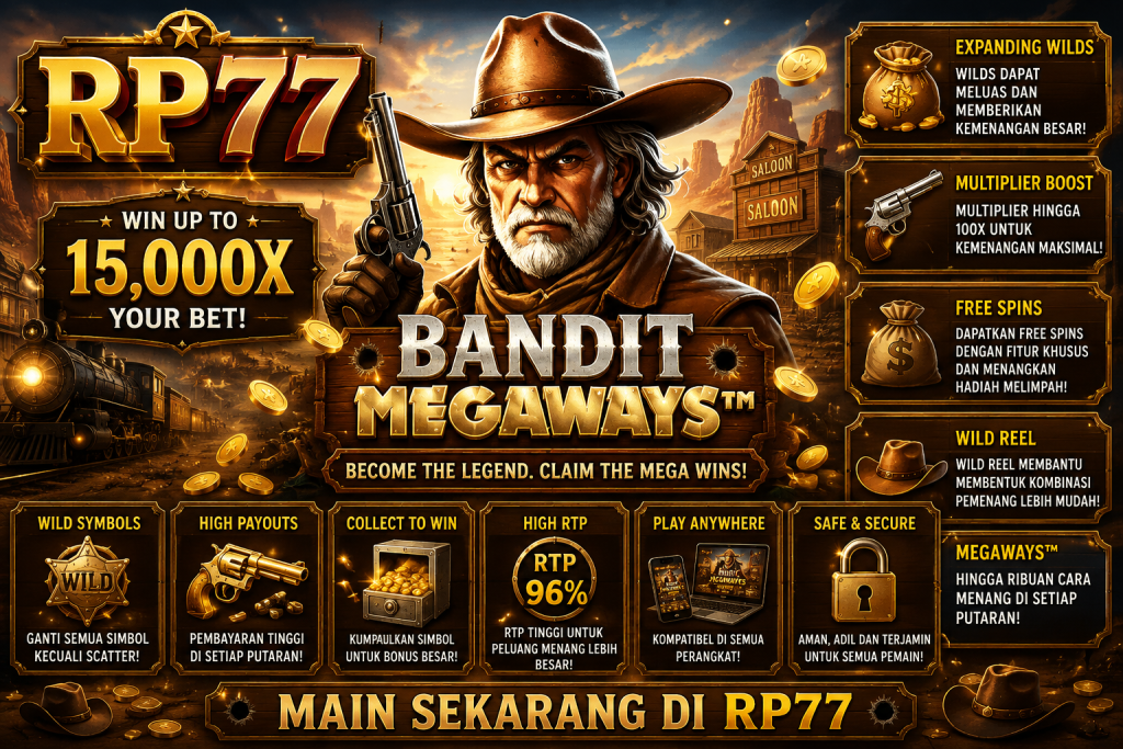 RP77 Bandit Megaways dengan koboi bersenjata, kota Wild West, kereta uap, koin emas, dan suasana permainan petualangan bergaya Barat.