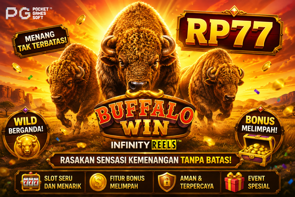 RP77 Buffalo Win Infinity Reels dengan tema kerbau dan bonus permainan.