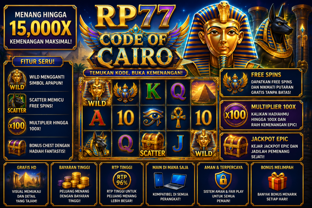 RP77 Code of Cairo dengan Firaun, Anubis, piramida Mesir, simbol Wild, Scatter, peti harta, dan nuansa petualangan Mesir kuno.