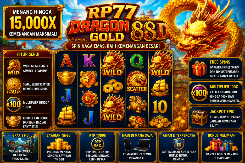 RP77 Dragon Gold 88 dengan naga emas, koin, kapal, simbol Wild, Scatter, dan nuansa oriental merah keemasan.