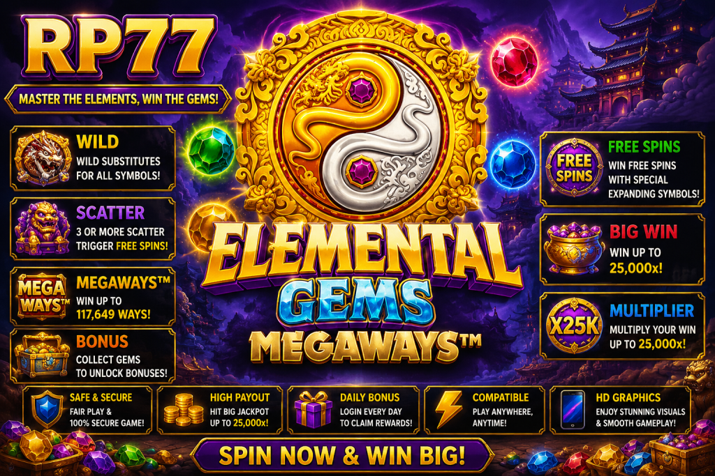 RP77 Elemental Gems Megaways dengan simbol yin-yang, permata elemen, Wild dan Scatter dalam tema fantasi Asia.