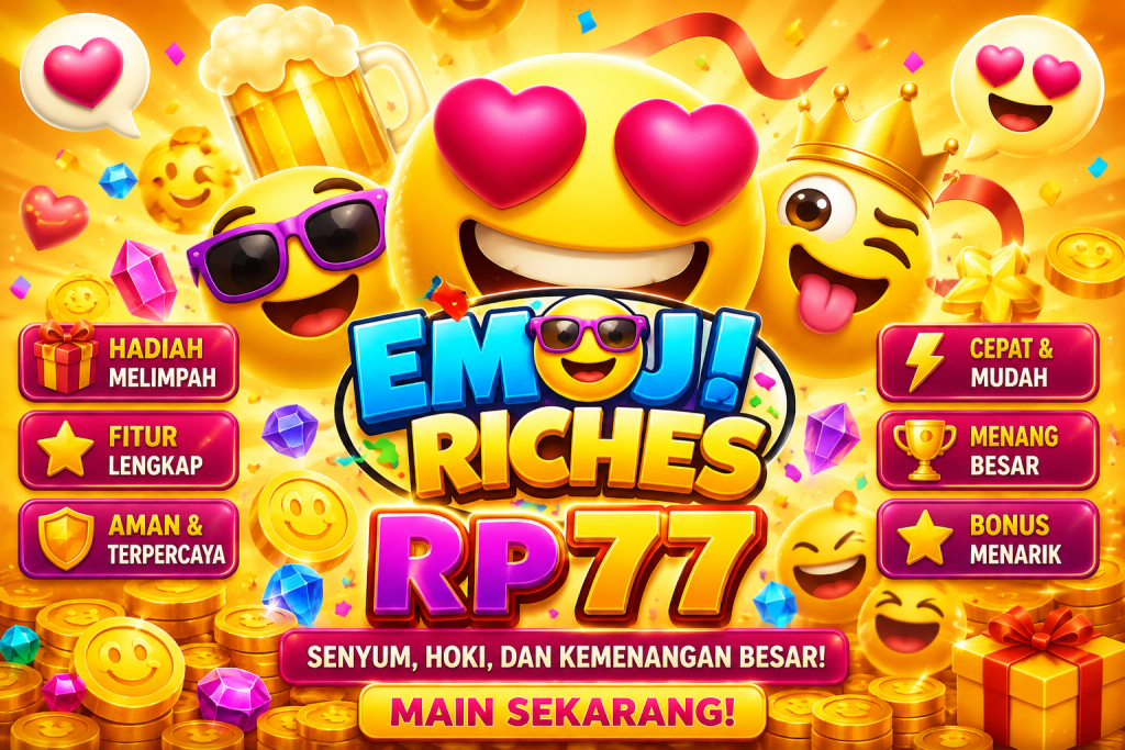 RP77 Emoji Riches dengan emoji ceria, koin emas, hadiah, permata, dan tema permainan penuh warna.