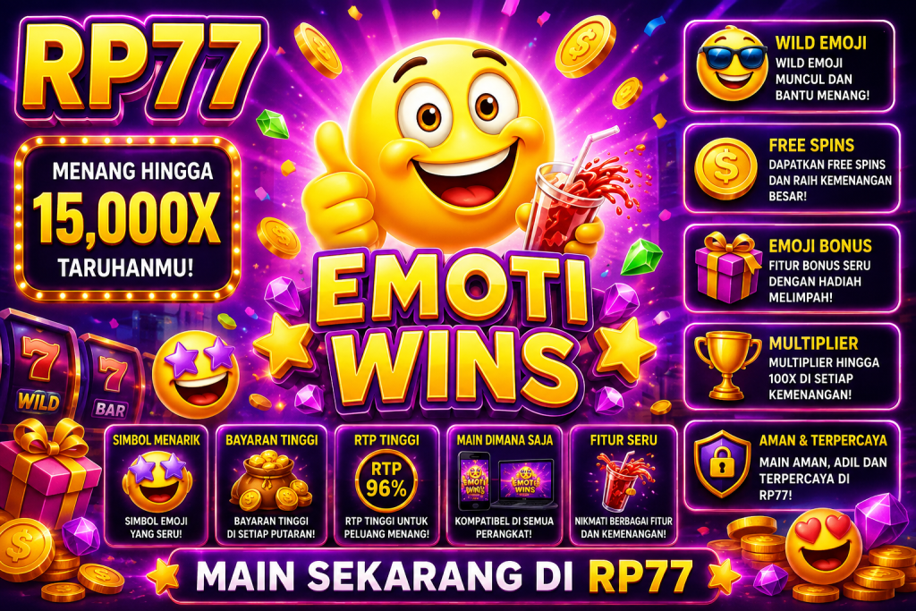 RP77 Emoti Wins dengan karakter emoji ceria, koin emas, hadiah, permata warna-warni, efek neon, dan suasana permainan penuh keseruan.