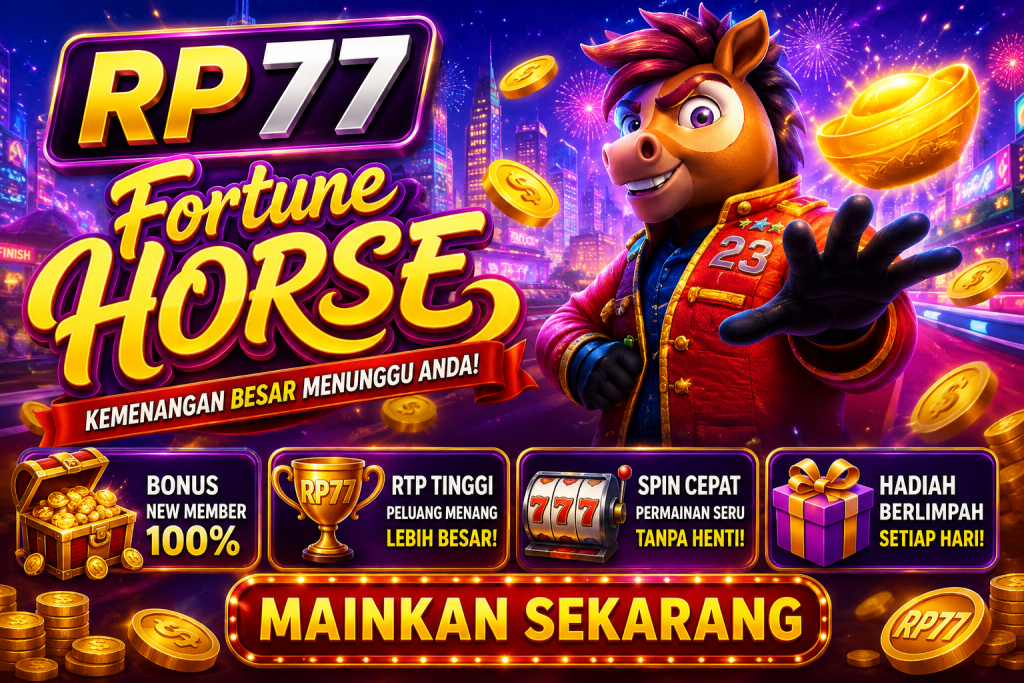 RP77 Fortune Horse dengan karakter kuda, tema balapan neon, koin emas, bonus, dan hadiah permainan.