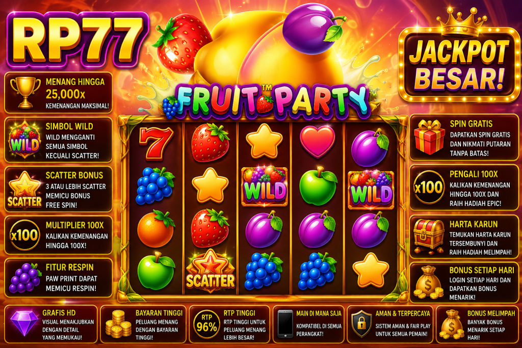 RP77 Fruit Party dengan stroberi, anggur, plum, apel, simbol Wild dan Scatter dalam tema buah cerah berwarna-warni.