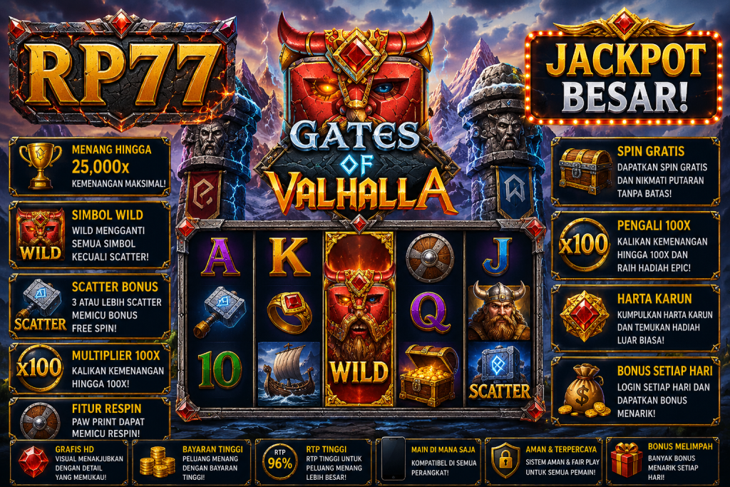RP77 Gates of Valhalla dengan prajurit Viking, palu, kapal, rune, simbol Wild dan Scatter dalam tema mitologi Nordik.
