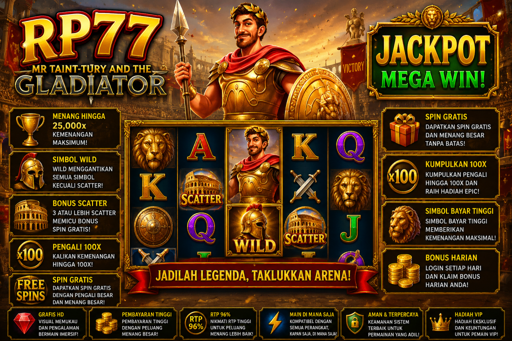 RP77 Gladiator dengan prajurit Romawi, arena Colosseum, simbol Wild dan Scatter dalam tema pertempuran klasik.