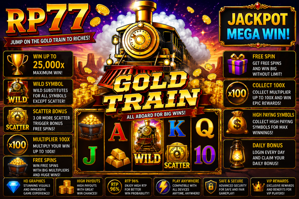 RP77 Gold Train dengan lokomotif emas, koin, gerobak tambang, simbol Wild dan Scatter dalam tema petualangan kereta emas.
