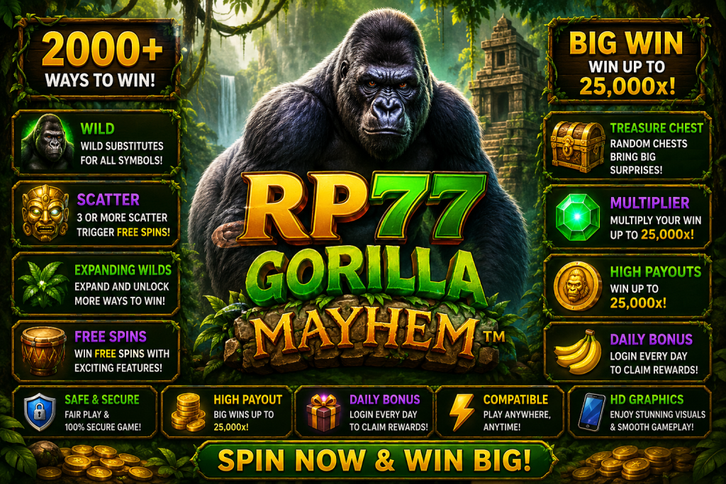 RP77 Gorilla Mayhem dengan gorila, kuil kuno dan hutan tropis dalam tema petualangan liar.