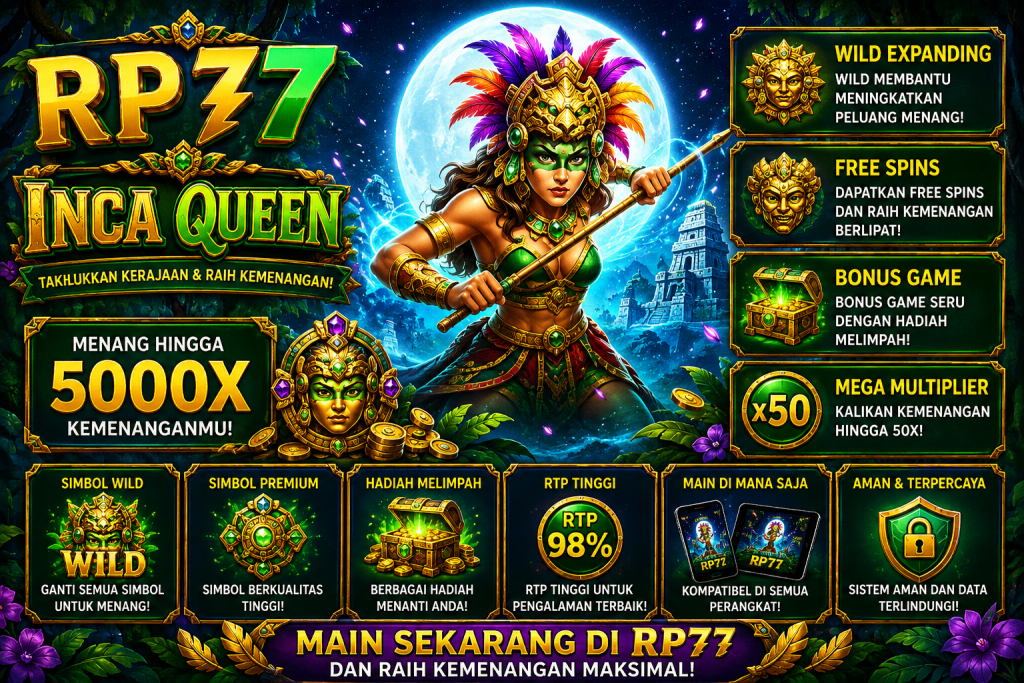 RP77 Inca Queen dengan ratu pejuang Inca, kuil kuno, bulan purnama, harta emas, dan suasana permainan fantasi bernuansa hijau.
