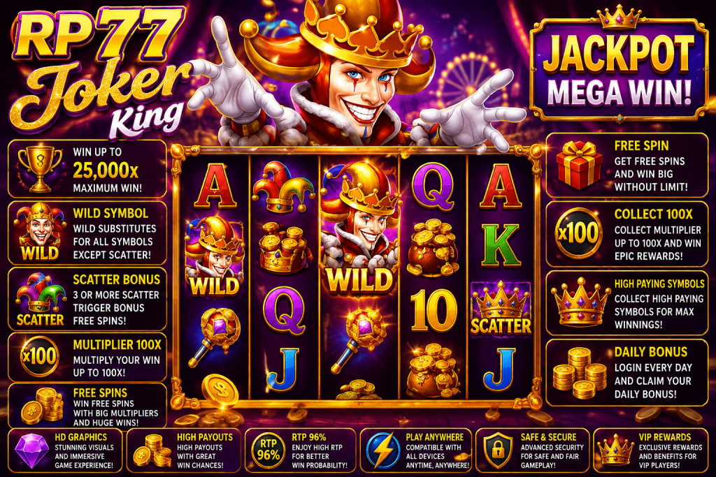 RP77 Joker King dengan karakter joker bermahkota, koin emas, simbol Wild dan Scatter dalam tema karnaval kerajaan.