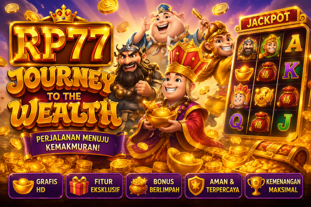 RP77 Journey to the Wealth dengan karakter fantasi, koin emas, harta karun, dan tema perjalanan menuju kemakmuran.