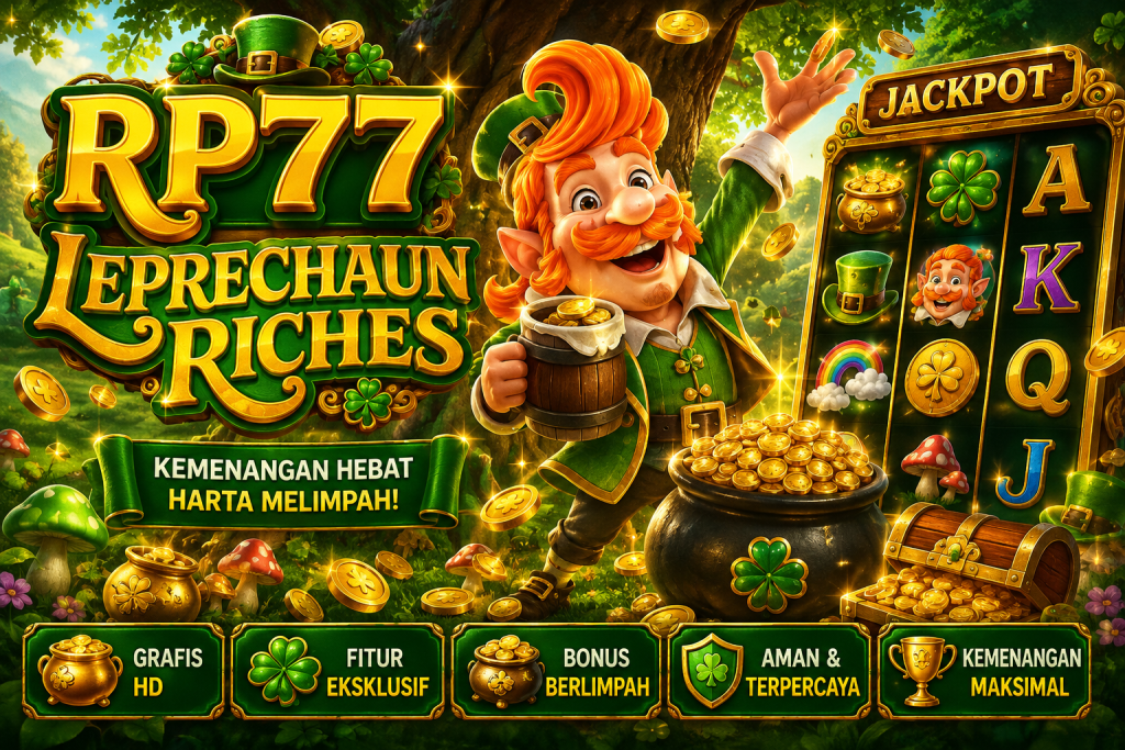 RP77 Leprechaun Riches dengan karakter leprechaun, koin emas, harta karun, dan tema keberuntungan hijau.