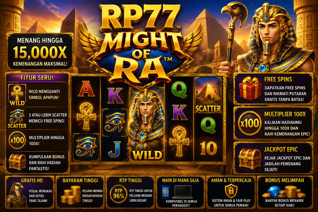 RP77 Might of Ra dengan Firaun Mesir, piramida, Ankh, Eye of Horus, simbol Wild dan Scatter dalam tema Mesir kuno.