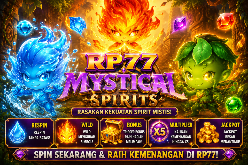 RP77 Mystical Spirits dengan karakter roh api, air, dan alam, permata bercahaya, serta suasana petualangan fantasi mistis.