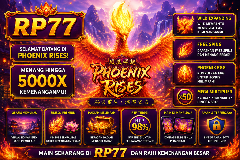 RP77 Phoenix Rises dengan burung phoenix berapi, pegunungan mistis, air terjun, peti harta, dan suasana permainan fantasi yang epik.