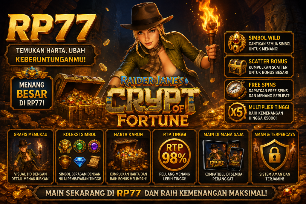 RP77 Raider Jane’s Crypt of Fortune dengan penjelajah wanita, makam kuno, peti harta karun, koin emas, dan suasana petualangan misterius.