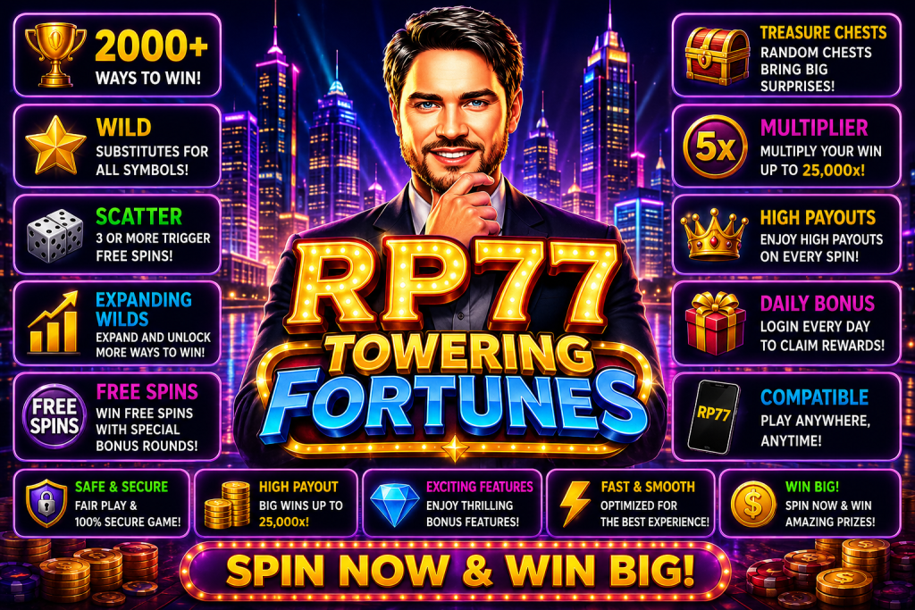 RP77 Towering Fortunes dengan karakter pengusaha, gedung kota bercahaya dan koin emas dalam tema kemewahan modern.