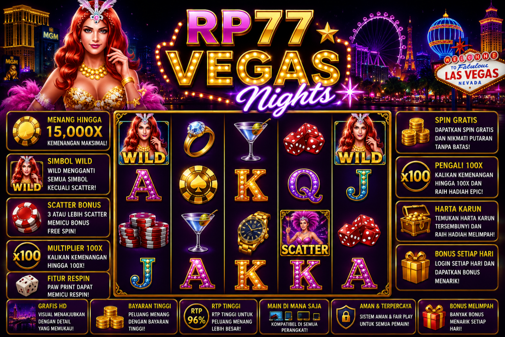 RP77 Vegas Nights dengan wanita berambut merah, suasana kota malam, lampu neon, simbol Wild dan Scatter dalam tema hiburan Vegas.