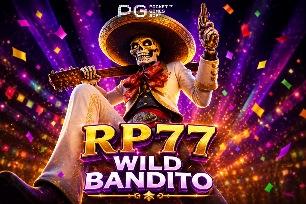 RP77 Wild Bandito dengan karakter mariachi bertema western, efek cahaya neon, konfeti warna-warni, dan desain slot premium yang modern serta penuh aksi.