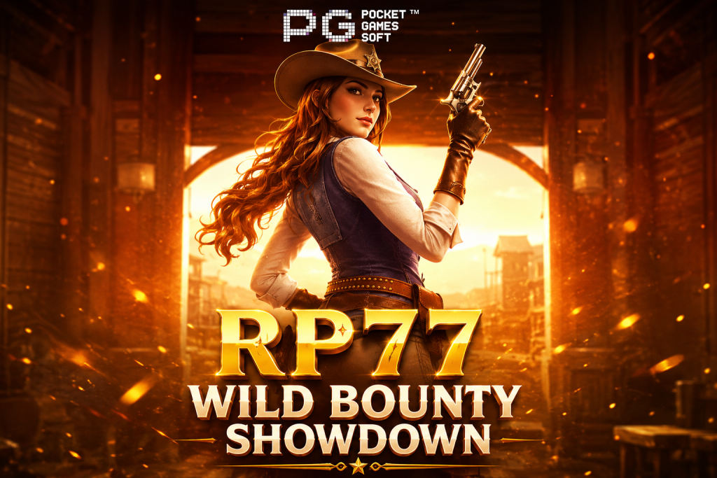 RP77 Wild Bounty Showdown dengan koboi wanita, tema Wild West, efek sinematik premium, cahaya emas dramatis, dan desain slot berkualitas tinggi.