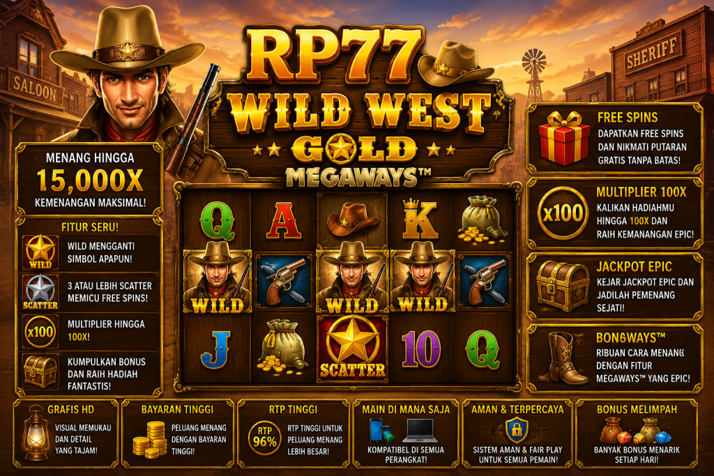 RP77 Wild West Gold Megaways dengan koboi, kota western, simbol Wild, Scatter, dan nuansa petualangan Wild West keemasan.