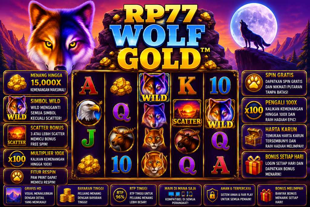 RP77 Wolf Gold dengan serigala, bulan purnama, pegunungan, emas, simbol Wild dan Scatter dalam tema petualangan alam liar.