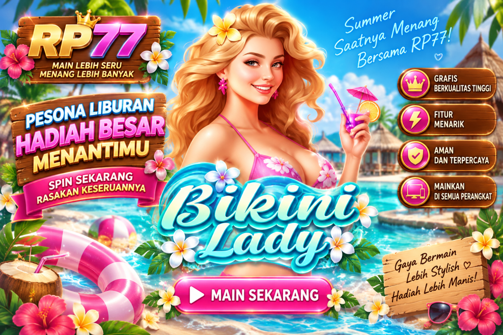 Game Bikini Lady RP77 dengan tema liburan tropis dan fitur permainan menarik