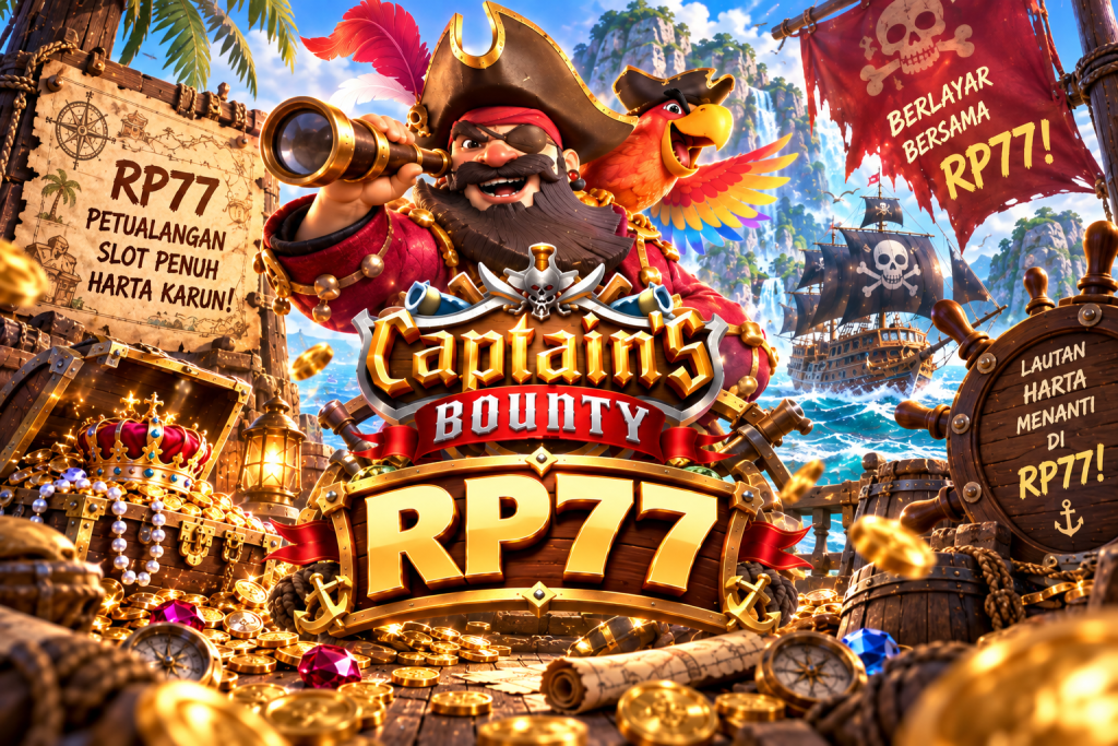 Game Captain’s Bounty RP77 dengan kapten bajak laut, burung beo, kapal, teropong, dan harta karun