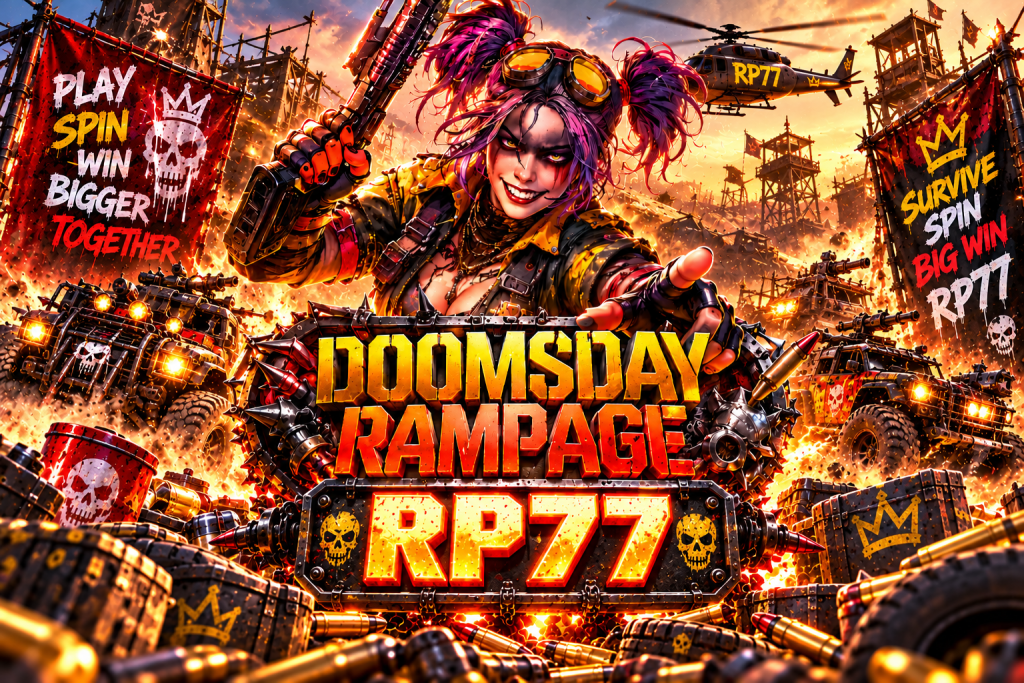 Game Doomsday Rampage RP77 dengan karakter punk, kendaraan tempur, helikopter, api, dan suasana pasca-apokaliptik