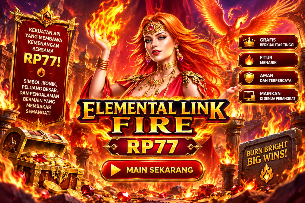 Game Elemental Link Fire RP77 dengan dewi api, phoenix, kobaran api, dan suasana fantasi