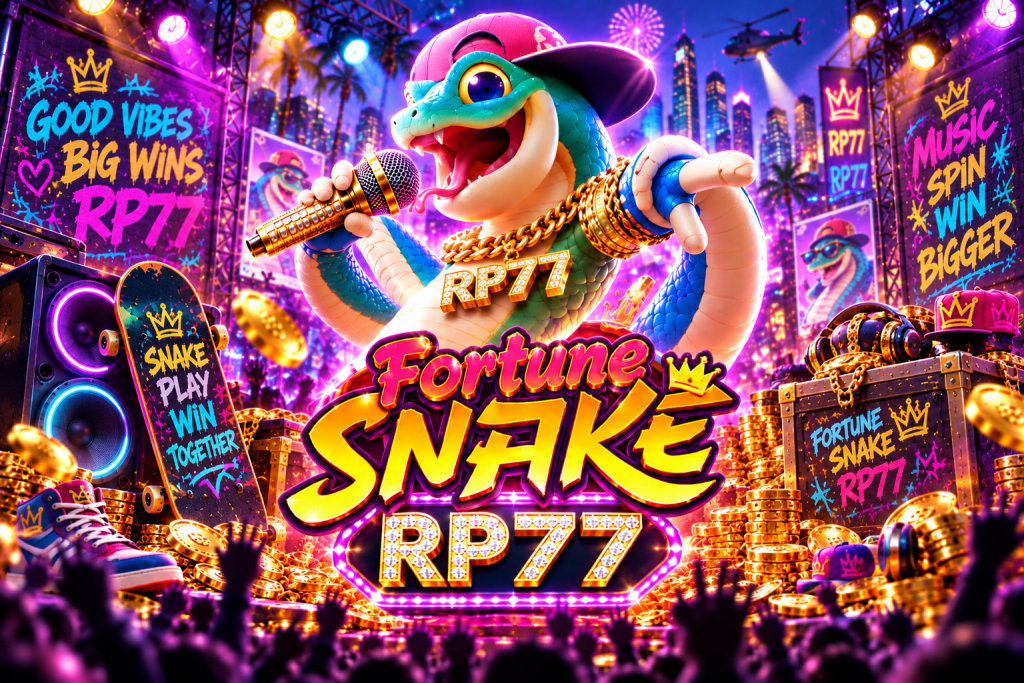 Game Fortune Snake RP77 dengan ular rapper, mikrofon, koin emas, skateboard, dan panggung neon
