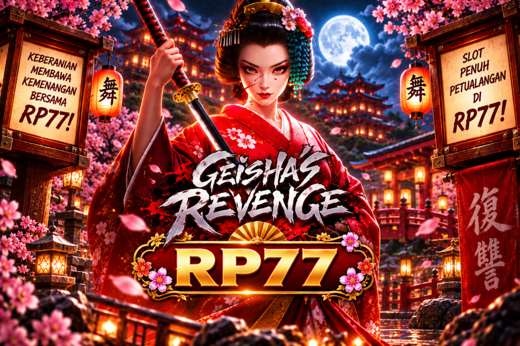 Game Geisha's Revenge RP77 dengan geisha, katana, bunga sakura, kuil Jepang, dan suasana malam