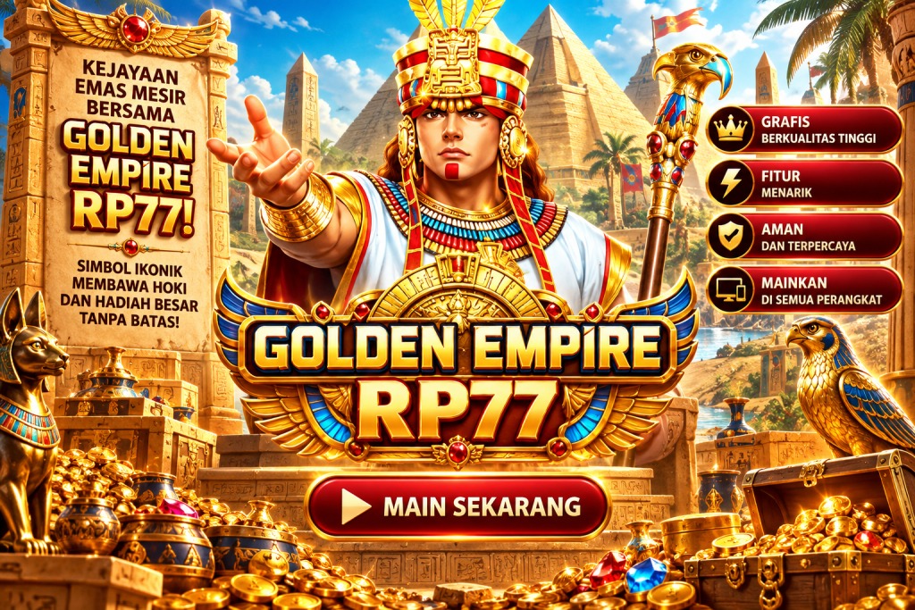 Game Golden Empire RP77 dengan firaun, piramida Mesir, patung elang, dan harta karun emas