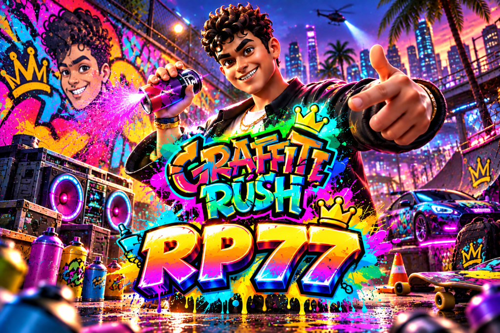 Game Graffiti Rush RP77 dengan seniman grafiti, cat semprot, mural warna-warni, dan suasana kota neon