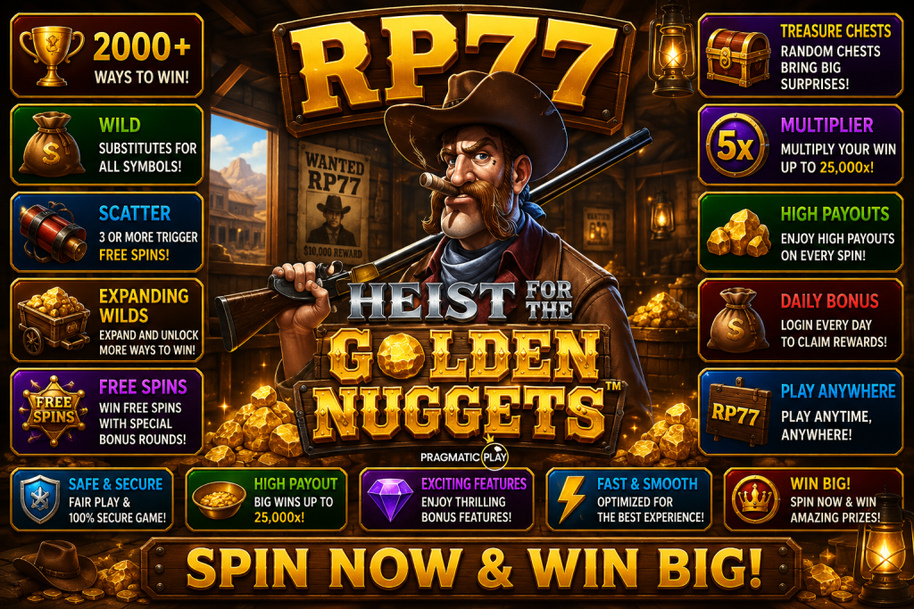 RP77 Heist for the Golden Nuggets dengan koboi, senapan dan tumpukan emas dalam suasana Wild West.