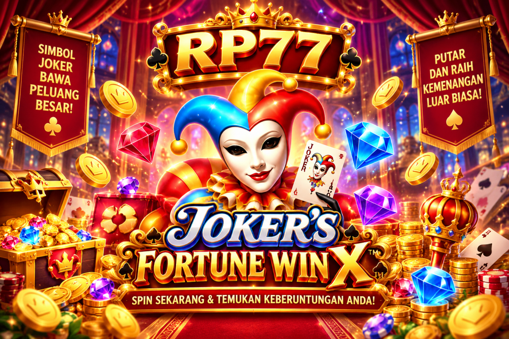 RP77 Joker’s Fortune Win X dengan karakter joker, kartu permainan, permata warna-warni dan koin emas.