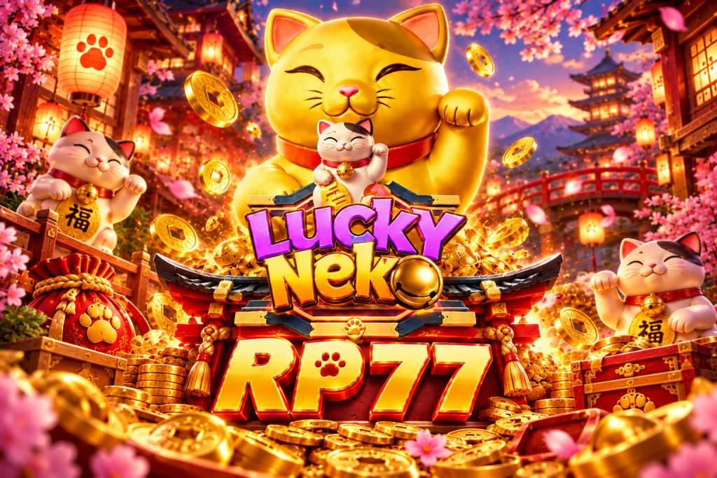 Game Lucky Neko RP77 dengan kucing keberuntungan, koin emas, lentera, dan bunga sakura