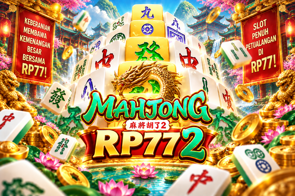 Game Mahjong Ways 2 RP77 dengan ubin mahjong, naga emas, koin, dan nuansa oriental