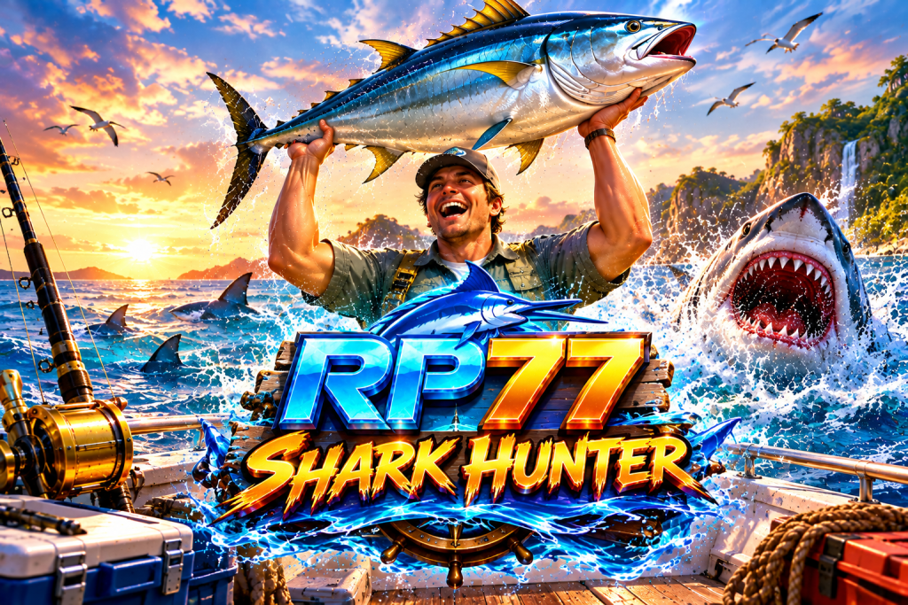 Game Shark Hunter RP77 dengan nelayan, ikan tuna besar, hiu, dan petualangan memancing di laut