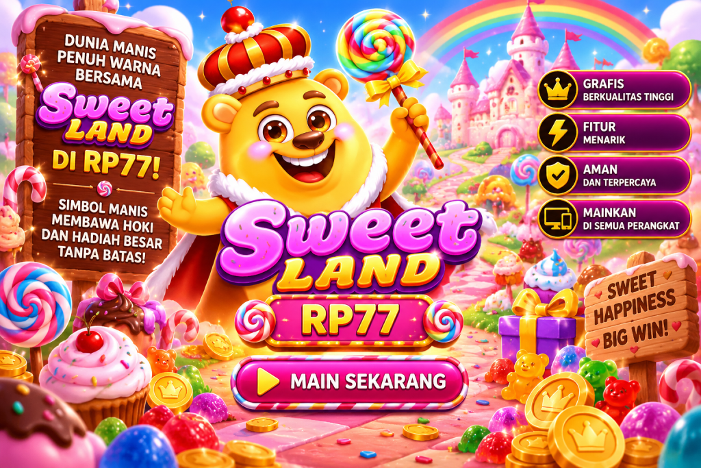 Game Sweet Land RP77 dengan beruang lucu, permen warna-warni, kastel manis, dan dunia fantasi