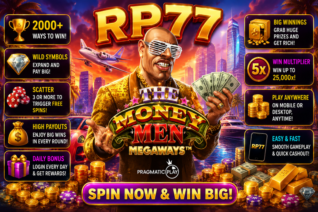RP77 The Money Men dengan karakter bergaya mewah, uang, koin emas dan latar kota modern.