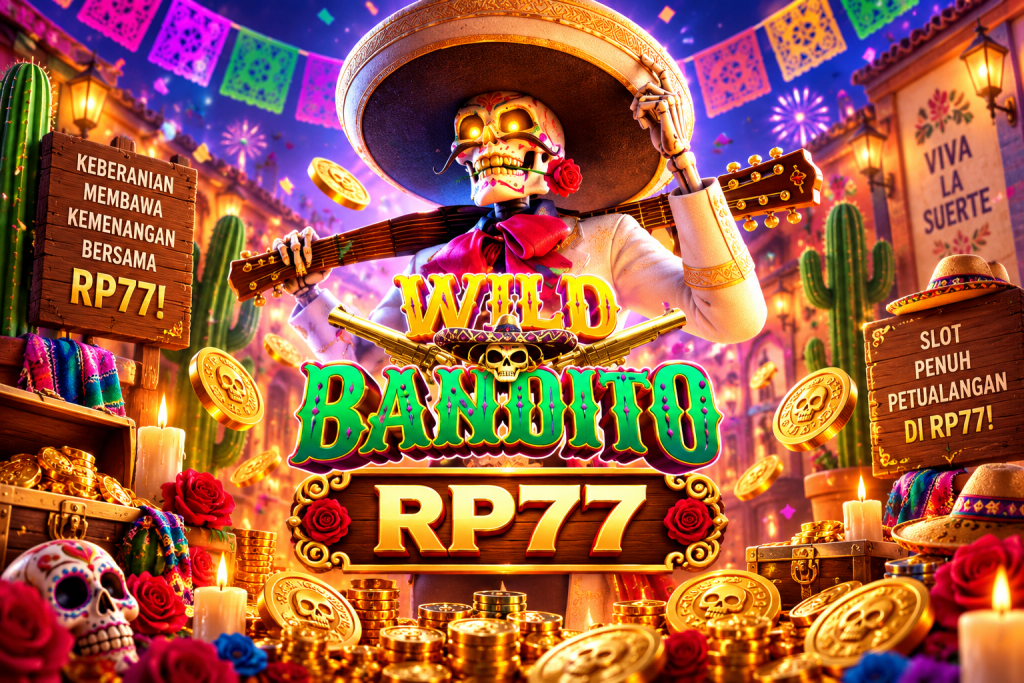 Game Wild Bandito RP77 dengan bandit mariachi, gitar, koin emas, kaktus, peti harta, dan suasana festival Meksiko