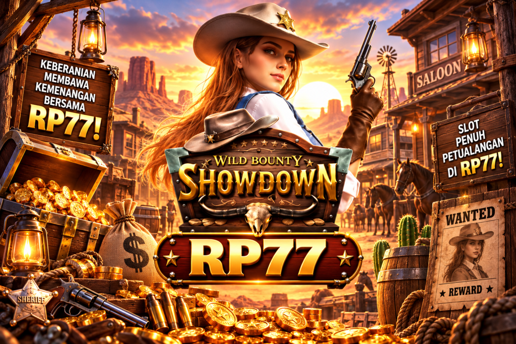 Game Wild Bounty Showdown RP77 dengan cowgirl, revolver, koin emas, peti harta, kaktus, dan suasana Wild West